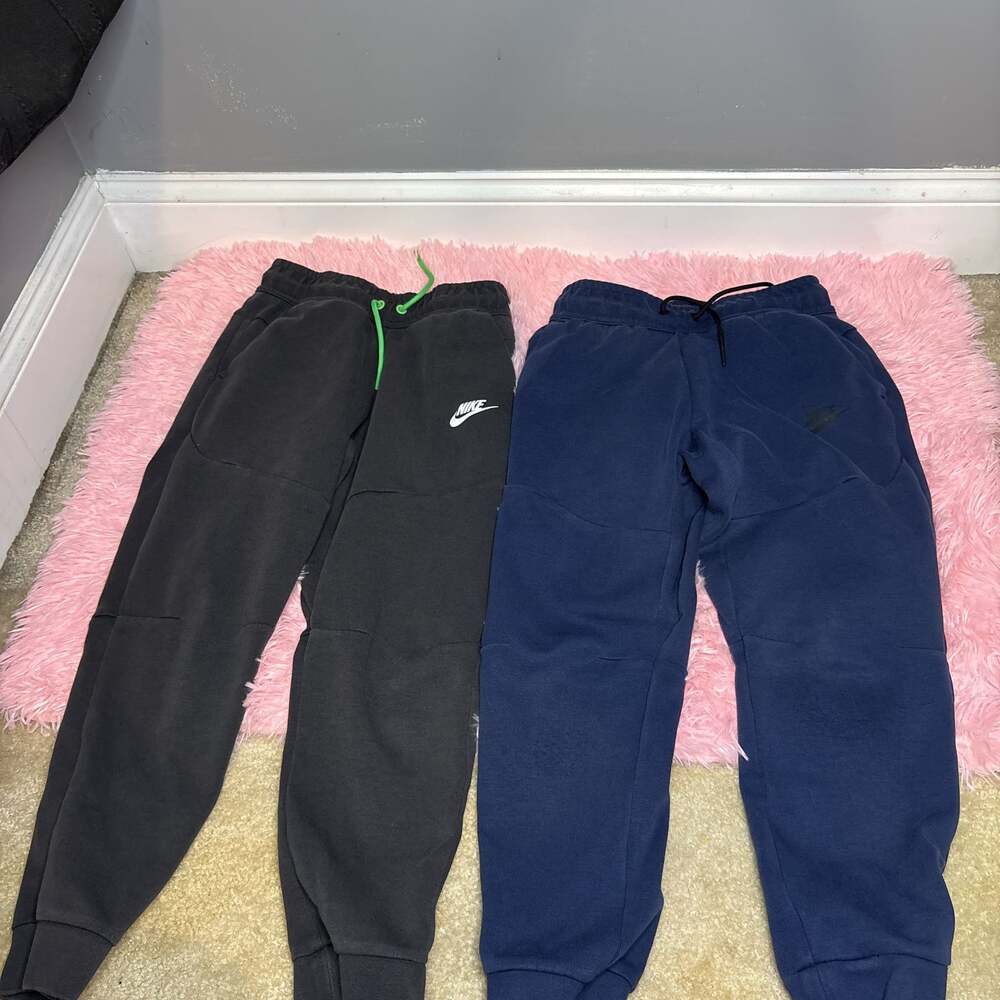 TWO PAIRS of Boys Nike Tech Fleece Tapered Jogger Pants Navy and Black w/ Green